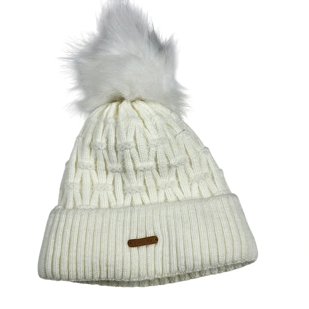 Starling Ivory Cable Knit Beanie Hat Wool Blend Pom Pom Fleece Lined One Size